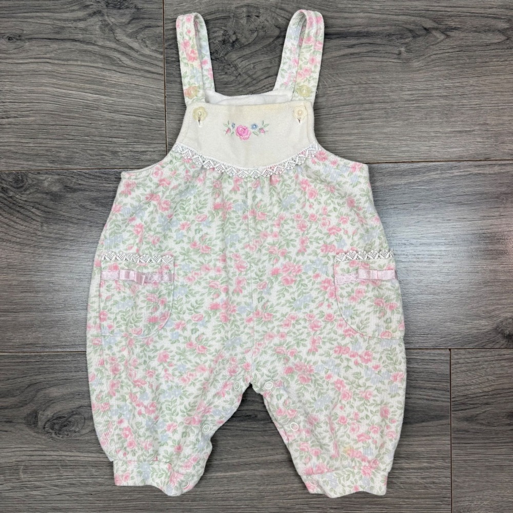 Vintage Baby Headquarters Floral Romper 6‑9M Pink Rose Lace Trim Cottagecore